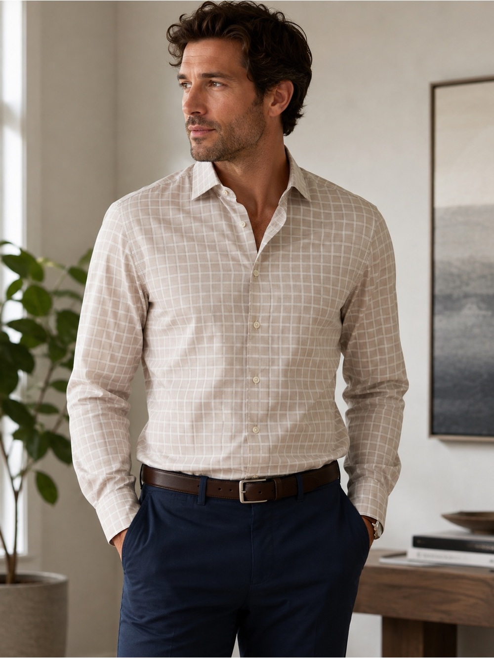 BOSS Hugo Boss Men’s Beige Windowpane Button Down Shirt 17 43 XL